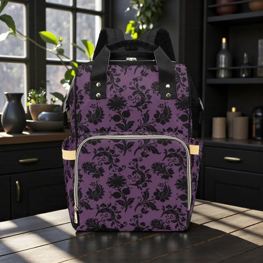 Purple Damask Backpack, Vintage Gothic Ornamental Pattern Bag