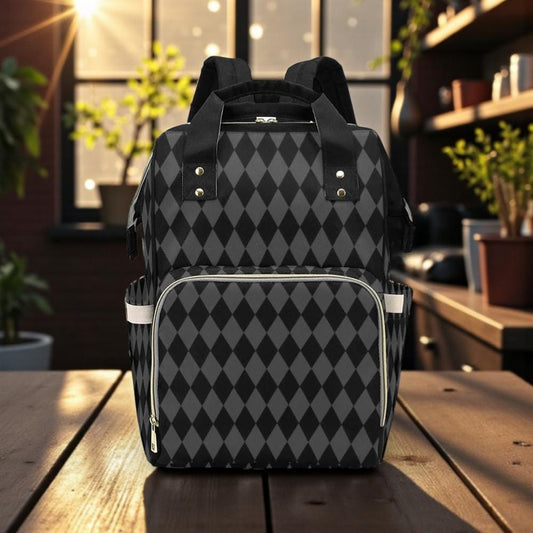 Harlequin Diaper Backpack, Gothic Monochrome Baby Bag Organizer