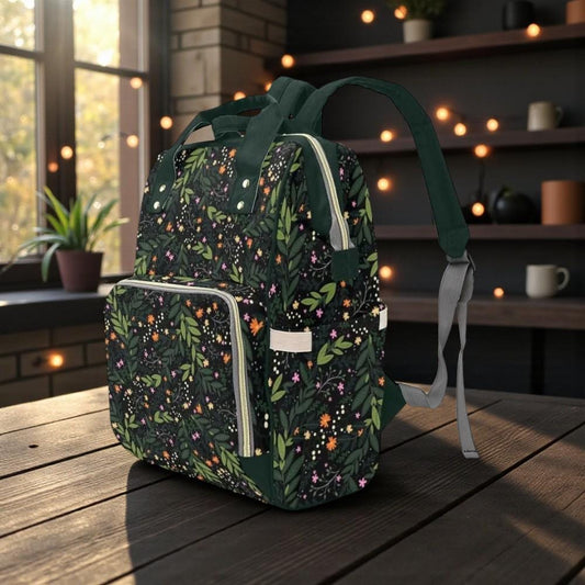 Dark Floral Diaper Backpack, Cottagecore Baby Bag, Woodland Mom Organizer, Forest Botanical Nursery Gear