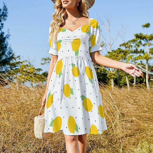Lemon print midi dress, puff sleeve summer dress, sweetheart neckline, white citrus sundress, vacation outfit