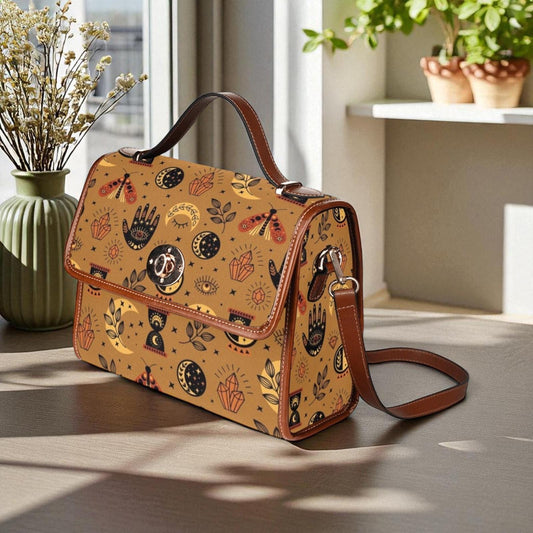 Mystic symbols purse, boho witchy bag with palm hand print, celestial crossbody bag, vintage brown witch purse, spooky goth girl gift