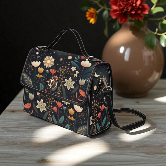 Floral night sky handbag, celestial garden purse, enchanted flower print bag, whimsical botanical shoulder bag, starry bloom crossbody