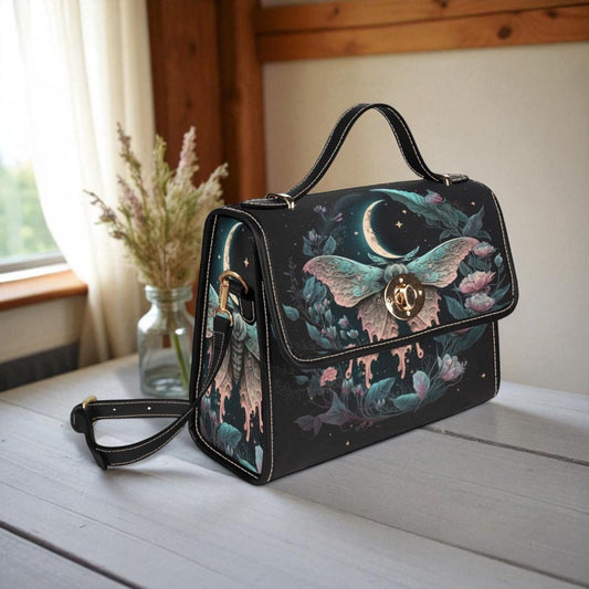 Pastel moth floral satchel bag, fairycore crossbody with celestial moon and star design, dreamy witch tote