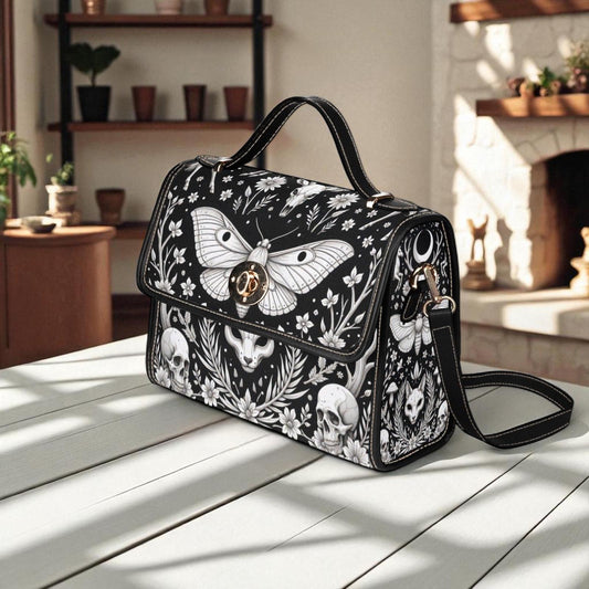 Occult moth satchel purse, witchy cat skull crossbody bag, black floral skull shoulder bag, mystical daily handbag, lunar fashion accessory