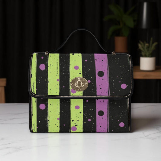 Spooky striped handbag, Lime green and purple purse, Halloween splatter print bag, Gothic party top handle bag, Witchcore statement satchel