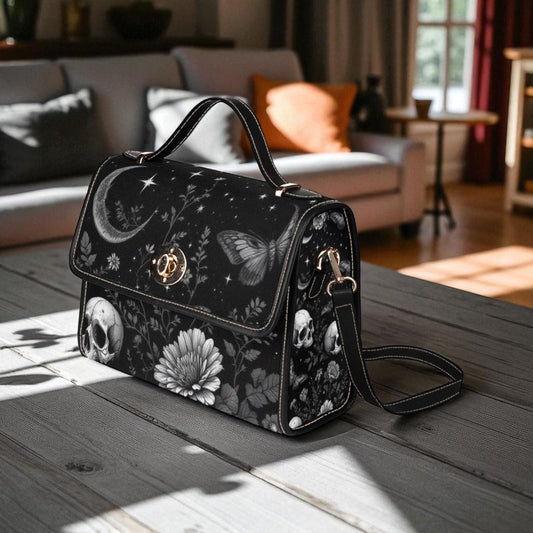 Mystical Moon Skull Bag, Dark Floral Gothic Purse, Celestial Butterfly Handbag, Witchy Shoulder Tote, Elegant Goth Accessories, Occult Gift