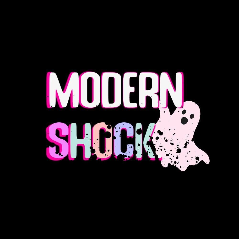 the text "MODERN SHOCK" in a stylized font, with the word "MODERN" in pink and "SHOCK" in a pink and purple color scheme. The text is spread across the image, creating a visually striking and dynamic composition.