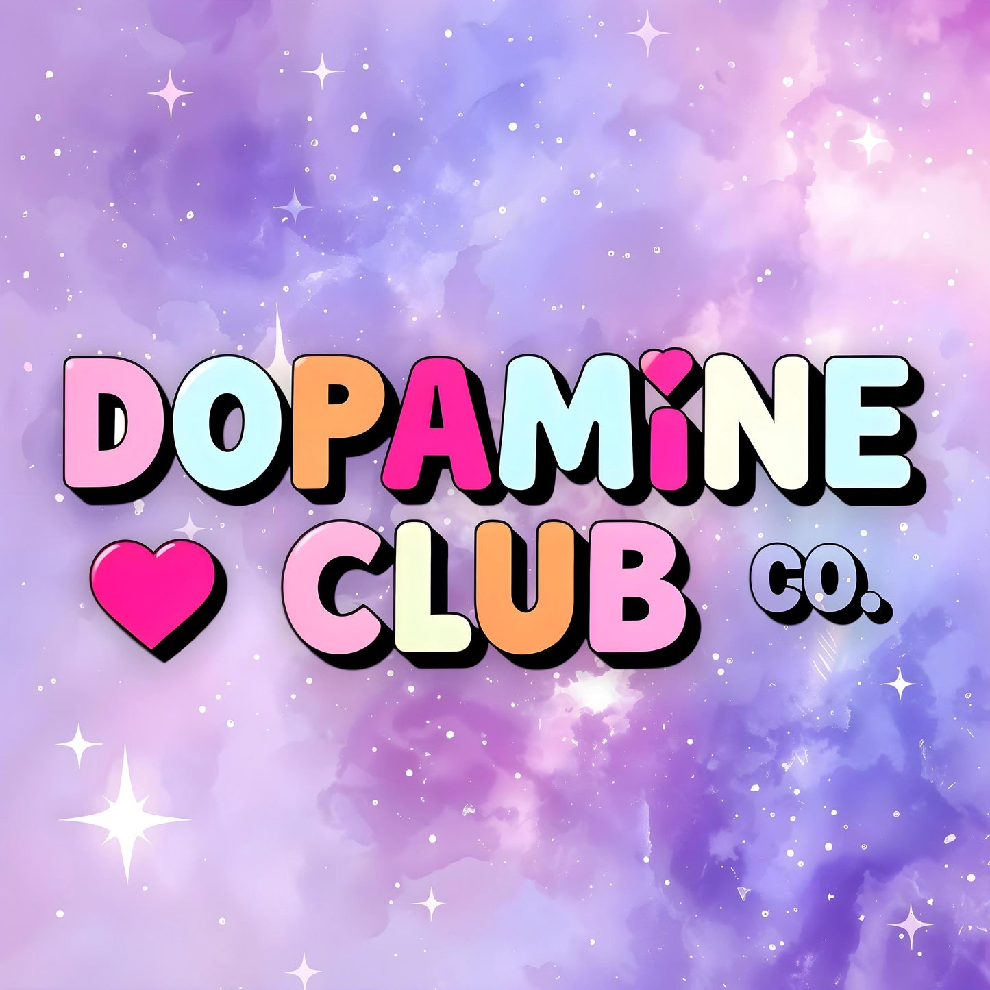 a colorful and whimsical design with the text "DOPAMINE CLUB CO." prominently displayed against a starry purple and pink background.
