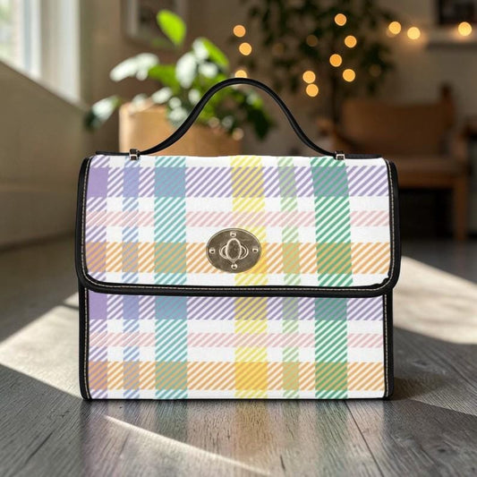 Top Handle Crossbody Bag, Structured Satchel Purse, Pastel Plaid Handbag
