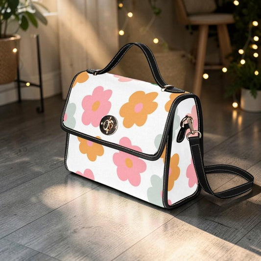 Retro Daisy Flower Power Satchel Purse, Pastel Cottagecore Crossbody Bag, Waterproof Canvas, Spring Handbag