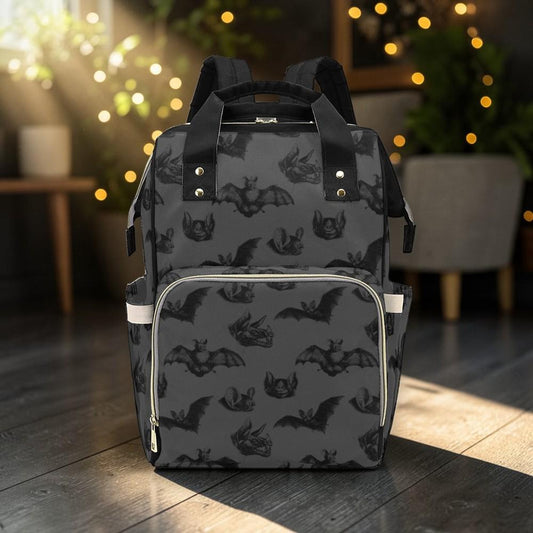 Bat Print Diaper Backpack, Baby Bag Travel Organizer, Night Bat Pattern, Dark Nursery Mom Bag