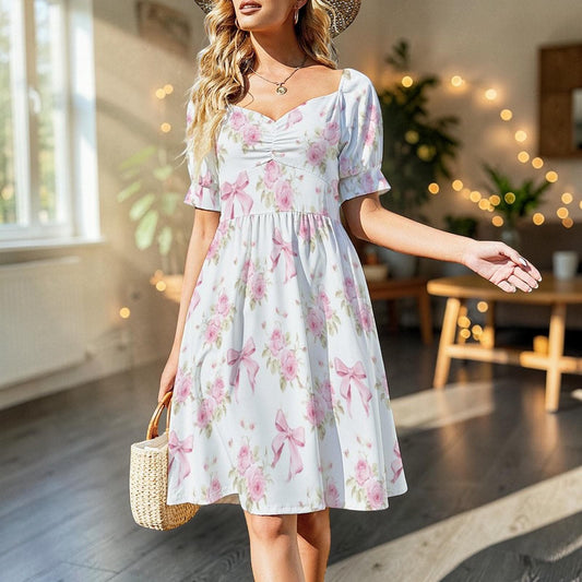 Coquette Floral Midi Dress, Pink Rose Bow Puff Sleeve Sundress, Cottagecore Tea Dress