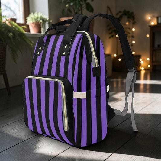 Purple Stripe Diaper Backpack, Gothic Nursery Tote, Halloween Baby Organizer, Spooky Mom Bag, Dark Travel Pack