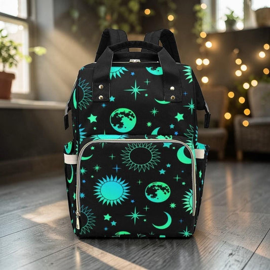 Celestial Diaper Backpack, Teal Moon Sun Star Mom Bag, Cosmic Nursery Organizer, Witchy Space Print Travel Bag