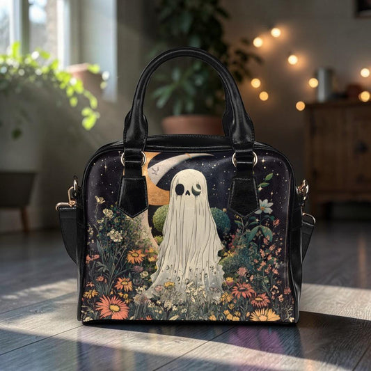 Ghost Floral Handbag, Spooky Moonlit Wildflower Satchel, Vegan Leather Crossbody Purse