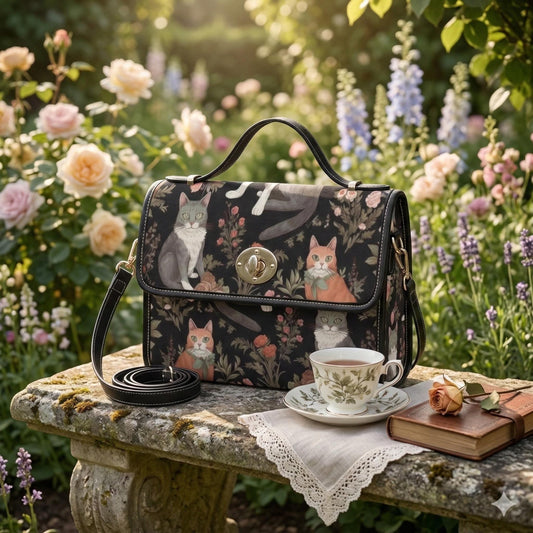 Cottagecore Cat Purse, Floral Kitty Handbag, Whimsical Cat Tote, Soft Girl Animal Bag, Aesthetic Cat Lover Gift, Vintage Garden Print Purse