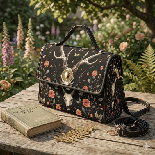 Deer Skull Clutch Purse, Dark Cottage Floral Handbag, Woodland Top Handle Bag, Nature Inspired Statement Purse