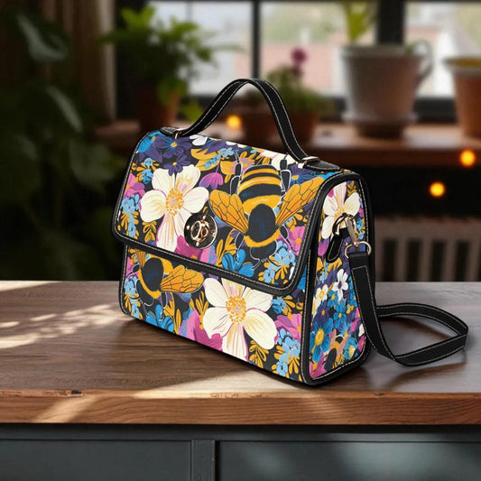 Retro floral bumblebee crossbody bag, cottagecore wildflower purse, colorful garden accessory