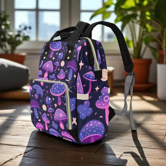 Purple Mushroom Diaper Backpack, Kawaii Fungi Baby Bag, Pastel Goth Organizer for Moms and Caretakers