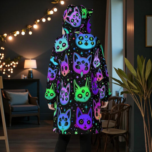 Wearable Blanket Hoodie, Neon Cat Hooded Blanket, Oversized Kawaii Lounger