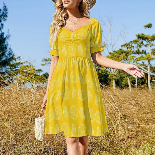 Yellow lemon slice dress, citrus print midi sundress, puff sleeve sweetheart neckline, summer picnic outfit