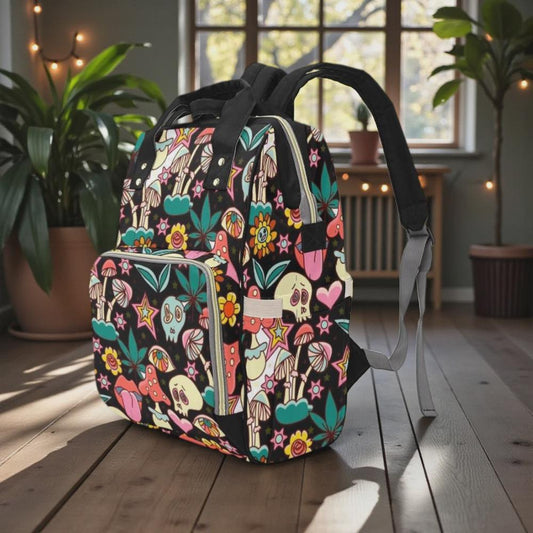 Colorful mushroom skull backpack, retro baby diaper bag, psychedelic mom travel organizer