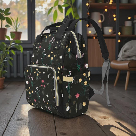 Backpack Diaper Bag, Dark Floral Meadow Backpack, Cottagecore Mom Bag, Black Wildflower Baby Backpack, Travel Organizer