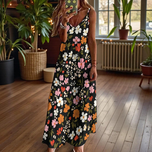 Black floral maxi dress, retro cottagecore sundress, summer bohemian garden party attire