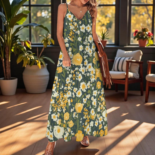 Yellow Daisy Floral Maxi Dress, Cottagecore Garden Sundress, Soft Girl Spring Summer Outfit