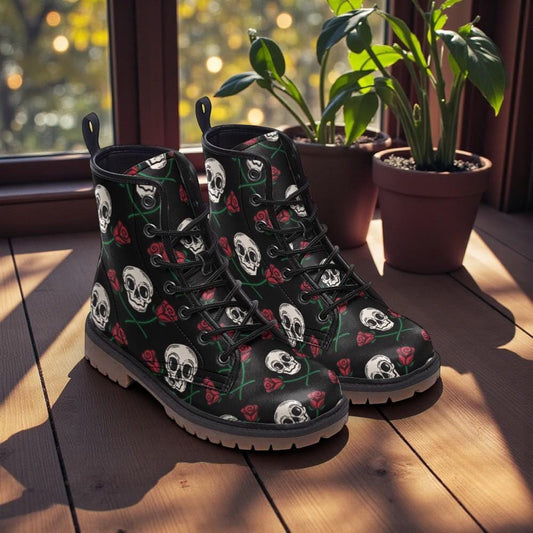 Skull Roses Combat Boots – Gothic Pastel Goth Biker Footwear Alternative Style