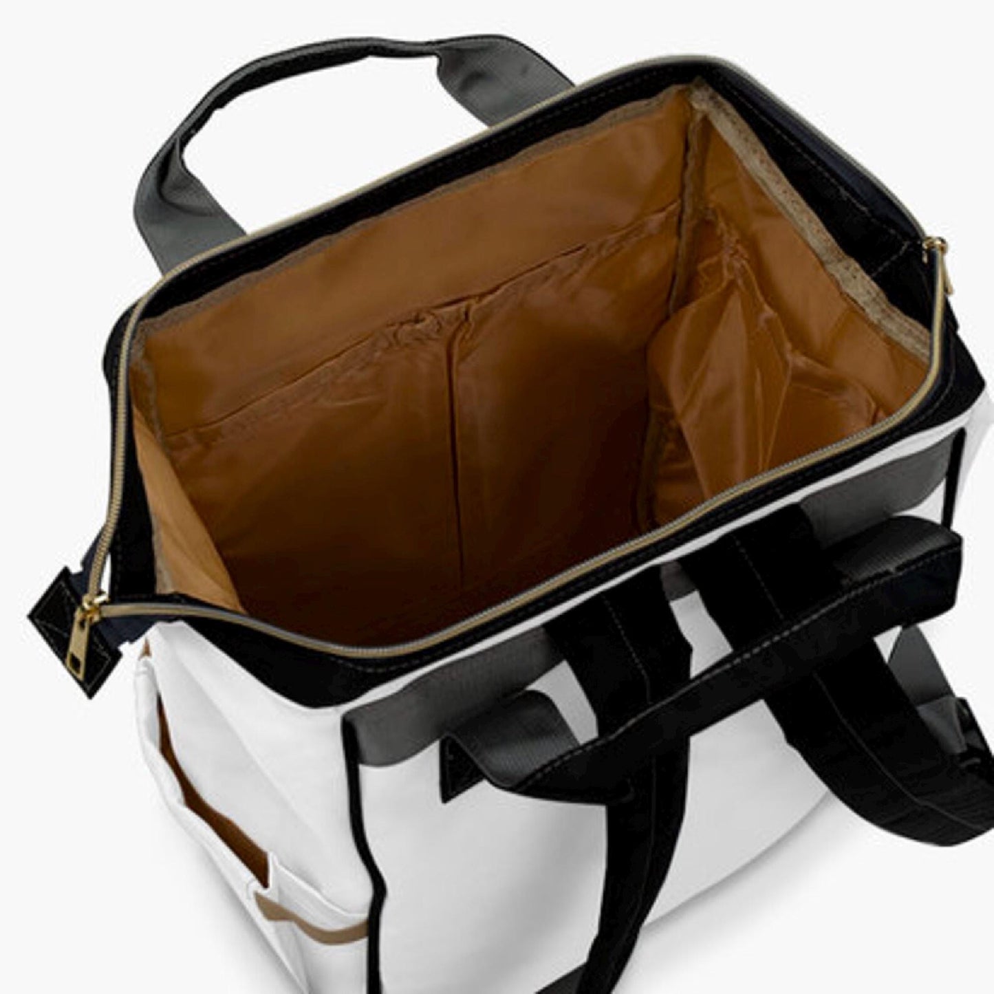 a black and white tote bag with a brown interior