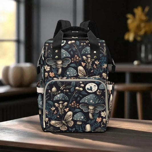 Dark Mushroom Witch Backpack, Cottagecore Fungi Print Diaper and Travel Bookbag