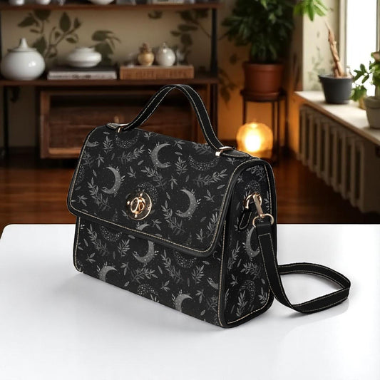 Celestial Moon Phase Handbag Black Gothic Witchy Crossbody Purse Lunar Print Starry Night Satchel Bag Vegan Leather Gift