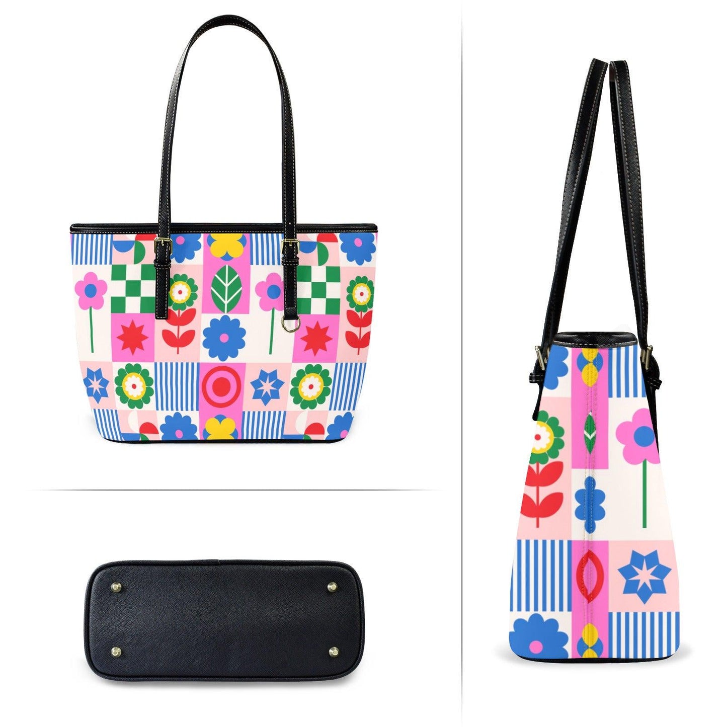 Retro Floral Beach Tote Bag Colorful Geometric Shoulder Bag Summer Poolside Carryall