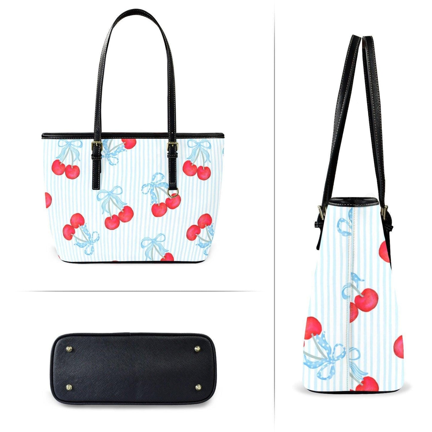 Cherry Tote Bag, Blue Stripe Bow Handbag, Picnic Purse for Boardwalk and Market