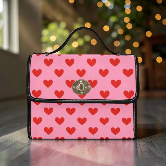 Heart Print Crossbody Purse, Pink Valentine Handbag, Romantic Top Handle Bag