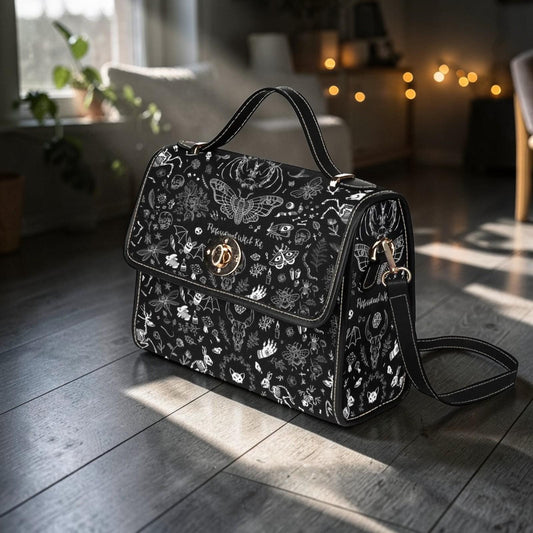 Witch symbols crossbody bag, spooky goth shoulder purse, mystical sketch witchy handbag, celestial dark aesthetic satchel, occult indie bag
