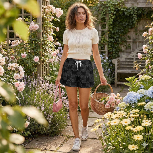 Black Rose Lounge Shorts Gothic Floral Drawstring Summer Shorts for Women