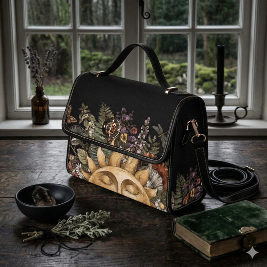 Cottagecore Fern Forest Canvas Satchel Bag, Boho Vegan Leather Crossbody Purse, Botanical Hippie Handbag