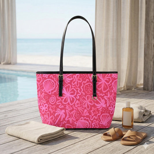 Beach Tote Bag in Pink Tropical Floral Shell Print, Summer Vacation Shoulder Purse