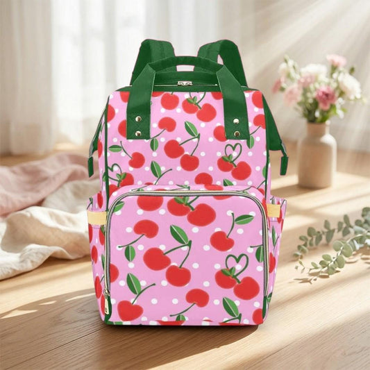 Pink Cherry Polka Dot Backpack, Kawaii Diaper Bag