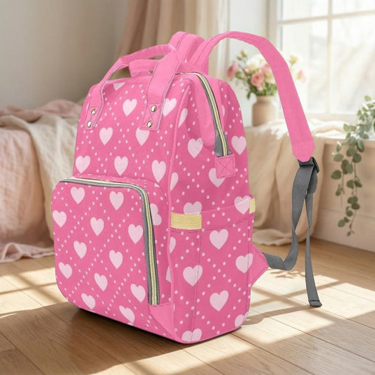 Diaper Bag Backpack Pink Hearts, Mom Backpack, Baby Travel Bag, Nursery Organizer Tote
