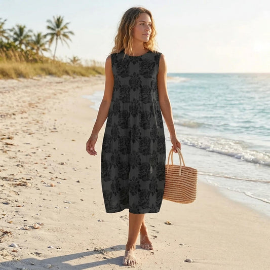 Charcoal Floral Tank Dress, Sleeveless Rose Midi Sundress, Easy Coastal Vacation Outfit for Women