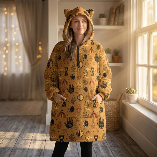 Oversized Cat Ear Hoodie, Boho Mystic Loungewear, Cozy Sherpa Zip Hoodie