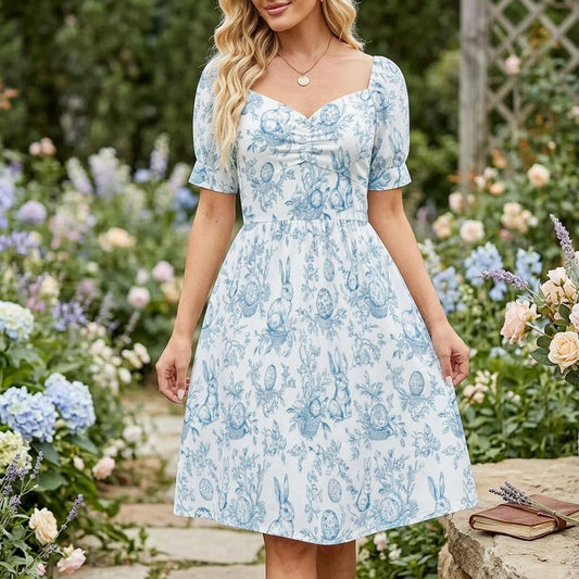 Blue Bunny Toile Midi Dress, Puff Sleeve Fit and Flare, Spring Cottage Outfit, Sweetheart Neckline