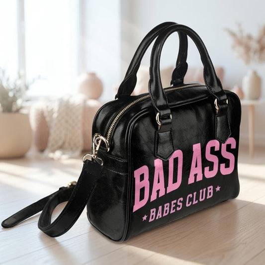 Badass Babes Club Black Statement Handbag, Pink Slogan Bowler Bag, Edgy Baddie Purse