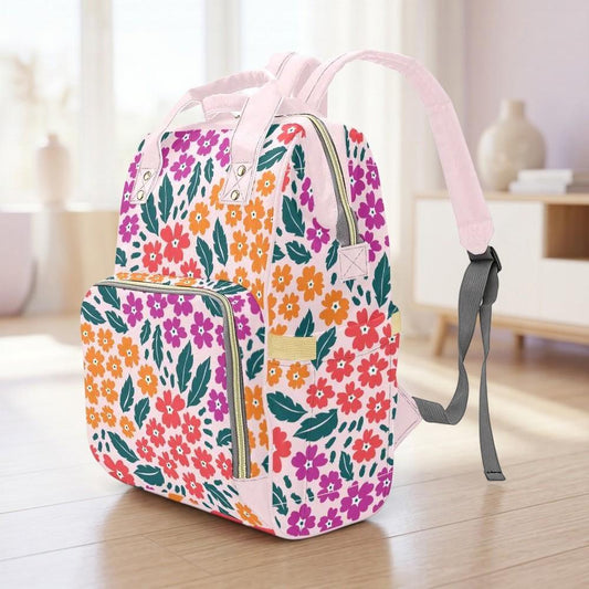 Retro Floral Diaper Bag Backpack, Pink Mom Backpack, Baby Travel Bag, Nursery Organizer