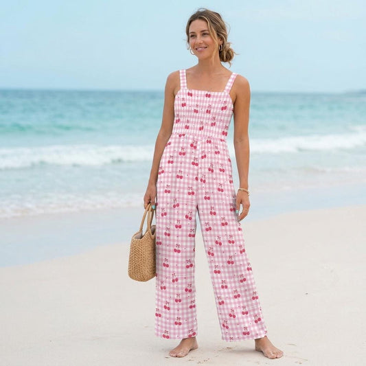 Cherry Print Wide Leg Jumpsuit with Pockets, Pink Gingham Coquette Summer Outfit