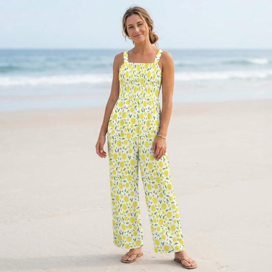Citrus Print Wide Leg Jumpsuit, Lemon Slice Summer Romper