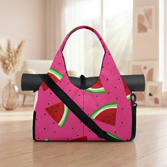 A pink tote bag with a watermelon pattern is placed on a wooden floor in a room with a window and a vase.